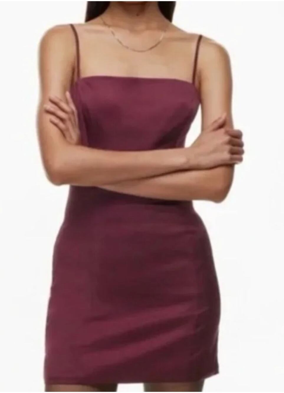 Aritzia Sunday Best Satin Mini Dress Burgundy Square Neck Thin Strap 2